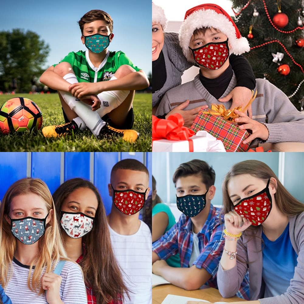 5PCS Big Kids Christmas Face Mask Bandana Reusable Washable Middle and High School Students Cover Breathable Cute Dust Covering for Youth Boys and Girls: Clothing