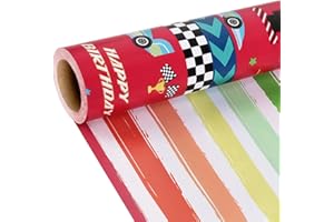 BIOBROWN Reversible Race Car Wrapping Paper - 17 Inches X 33 Feet (47 sq. ft. ttl.) - Racing Cars and Colorful Stripes Design for Birthday, Baby Shower, Party, Holiday, Boys Girls Kids