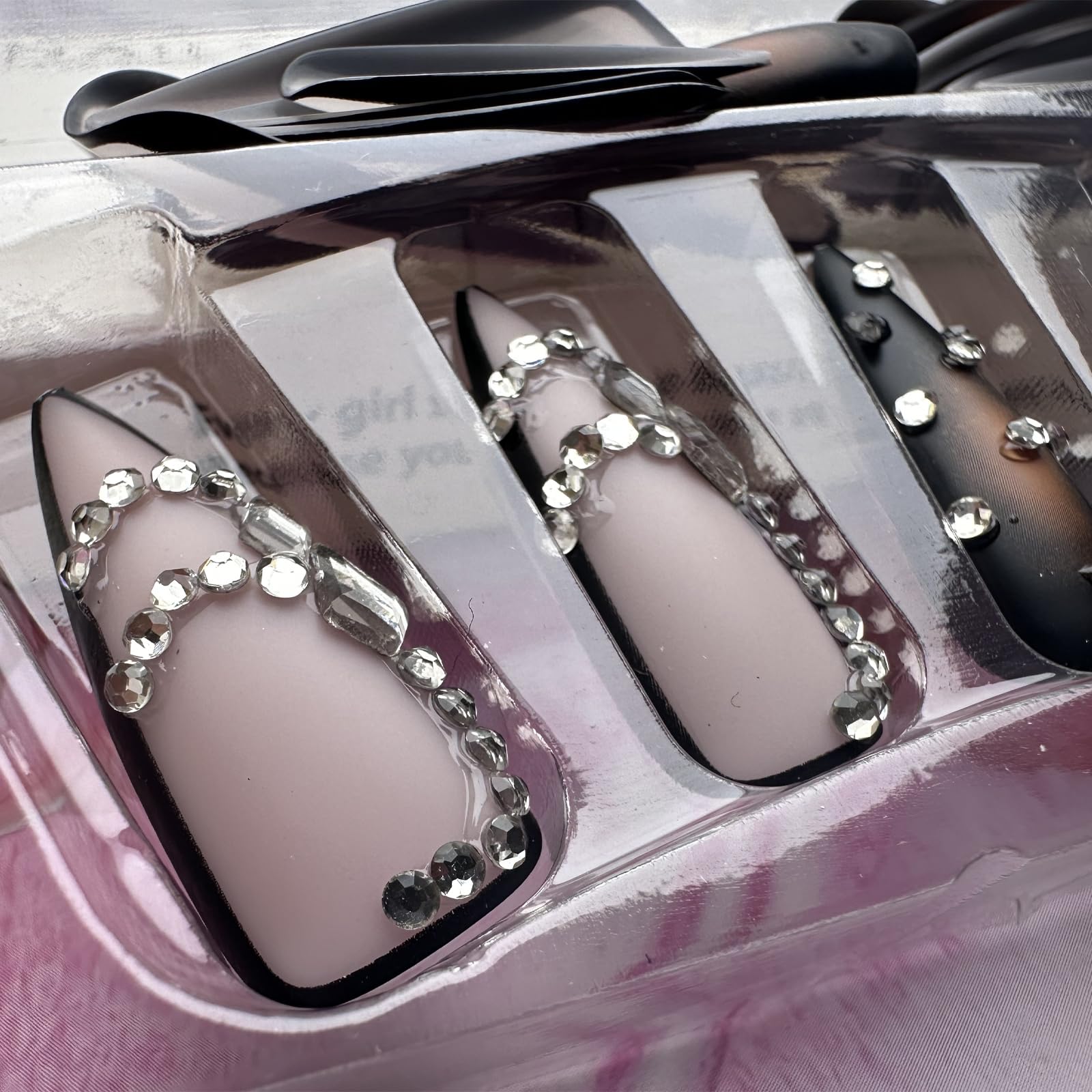 Brown Luxury Press On Nails - Long Stiletto Pointed Fake Nails with French Tips, Rhinestones, Sharp Goth Black Ombre Acrylic Designs, Glossy Glue On Nails for Women - 24Pcs - Image 6
