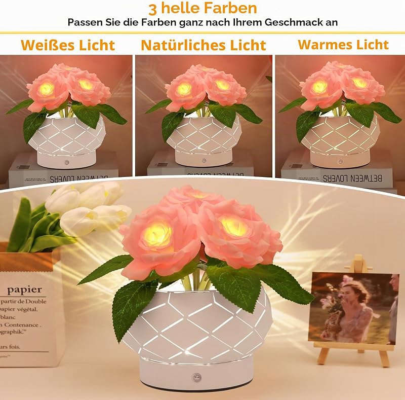 Rose Blume Lampe, Geburtstagsgeschenke für Frauen, Touch-Tischlampe, wiederaufladbar 3 Farben unendlich dimmbar Dekor kleine Lampe, Geschenke für Mama, Valentinstag, Muttertag, Weihnachtsgeschenke