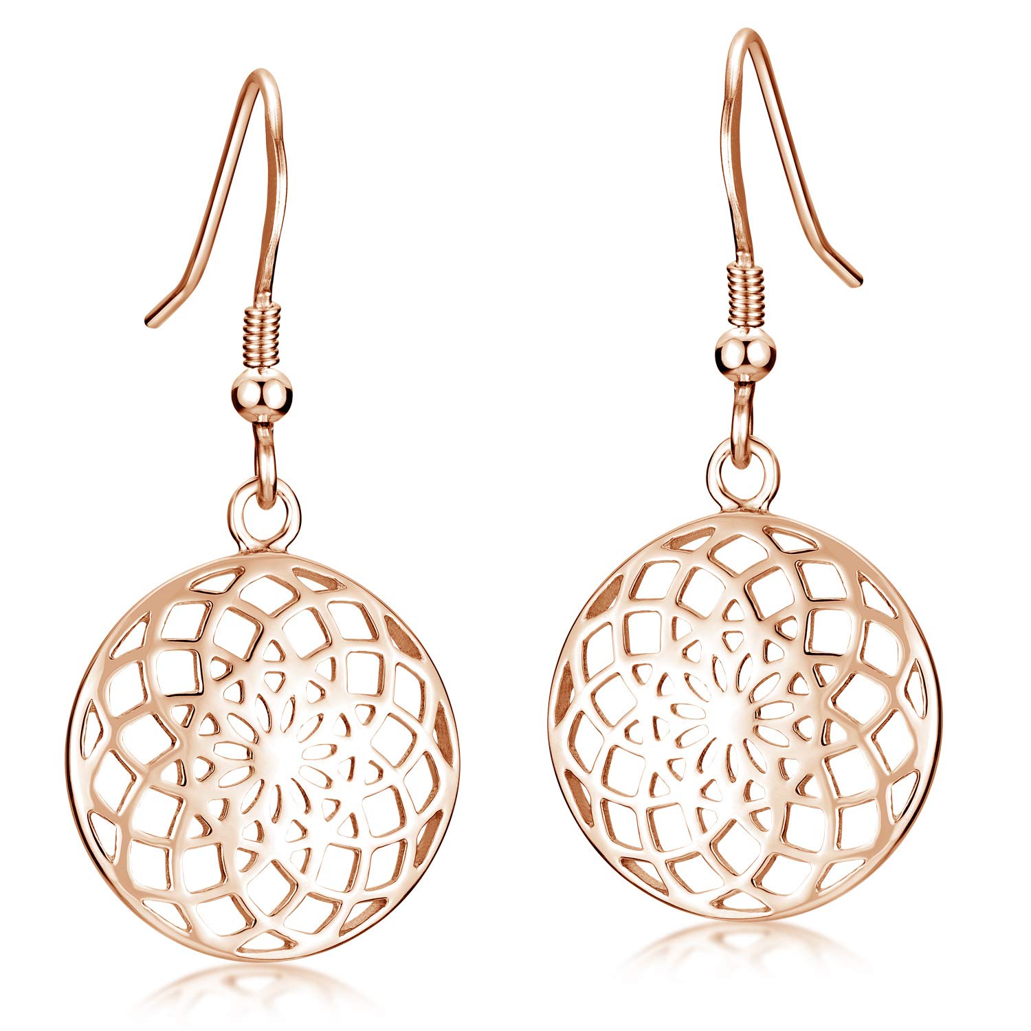 Materia Women's Earrings Flower Pendant Round 925 Silver Mandala Rhodium-Plated Rose Gold or Gold Plated Jewellery, Sterling Silver