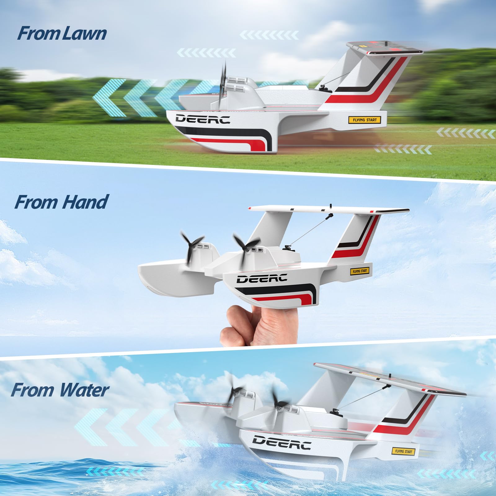DEERC RC Flugzeug für Wasser Land & Luft, Amphibisches DREI-Phibien-Flugzeug, 3CH Ferngesteuertes Flugzeug mit 2 Batterien, 2.4GHz RTF Segler für Junge Mädchen 3