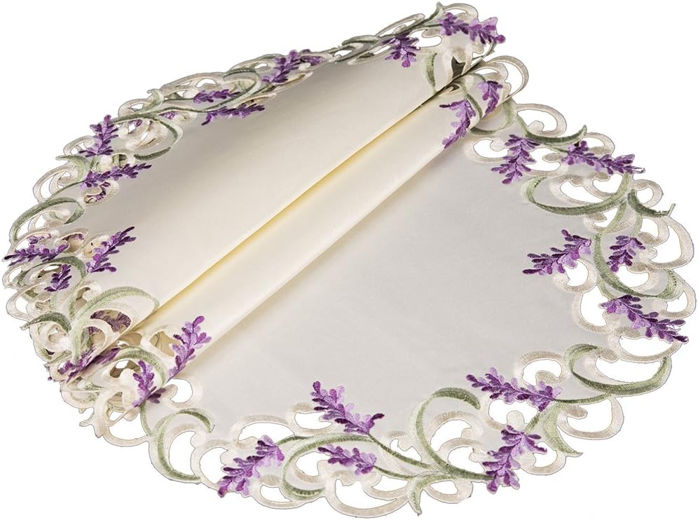 Xia Home Fashions Lavender Lace Embroidered Cutwork Round Placemats, Ivory, 15-Inch