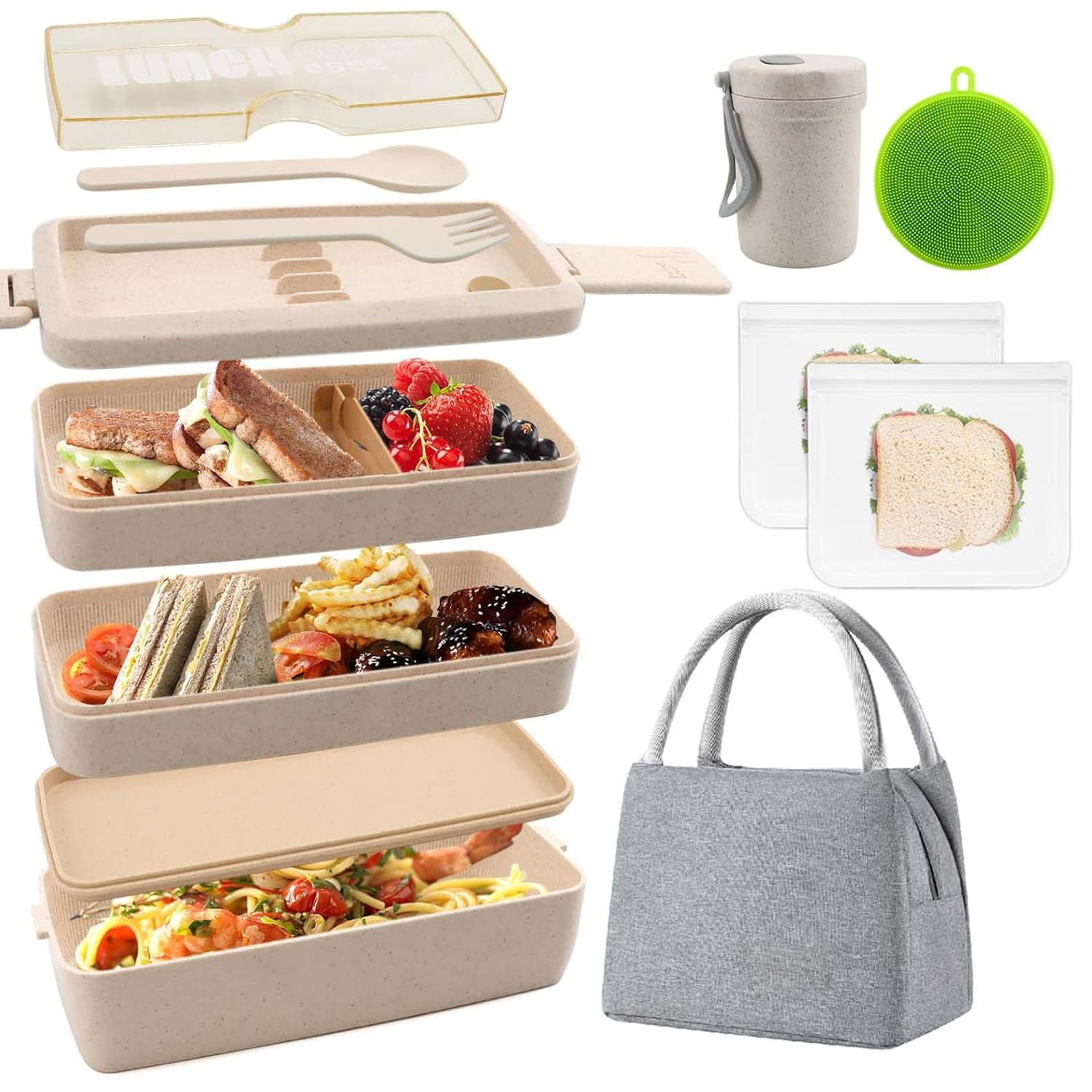 Photo 1 of Meltset M Bento Box Japanese Lunch Box Kit Leakproof Bento Lunch Box for Kids Adults Wheat Straw 3 Layer Stackable Lunch Containers with Compartment Eco-Friendly Meal Prep Containers (Beige)