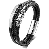 BIYONGDE Mens Black Braided Leather Stainless Steel Two Skull Charms Bangle Bracelet, Gothic