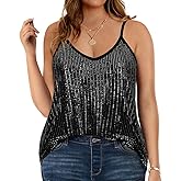 TIYOMI Plus Size Tank Tops for Women Sexy V Neck Strappy Sequin Sparkle Shimmer Camisole Glitter Party Sleeveless Tops