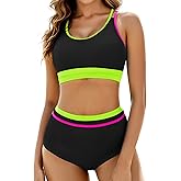 Arolina Women's High Waisted Bikini Sets Cheeky Two Piece Swimsuits Color Block Sporty Bathing Suits High Cut Swimwear