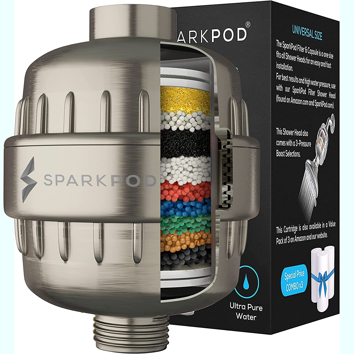 SparkPod High Output Shower Filter Capsule- Rejuvenates Skin & Hair Health (Reduces Eczema & Dandruff), Filters Chlorine, Heavy Metals & Impurities | 1-min Installation (Brushed Nickel, New Formula)