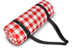 NAGAN 80 x 80 inches Picnic Blanket with Carry Strap, Ultrasonic Technique 3-Layer Beach Blanket, Red and White Plaid Outdoor Blanket, Waterproof Portable Durable for Camping, Hiking, Beach, Park