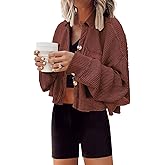 Panadila Women's Cropped Waffle Knit Shacket Short Button Down Jacket Batwing Sleeve Shirts with Pocket