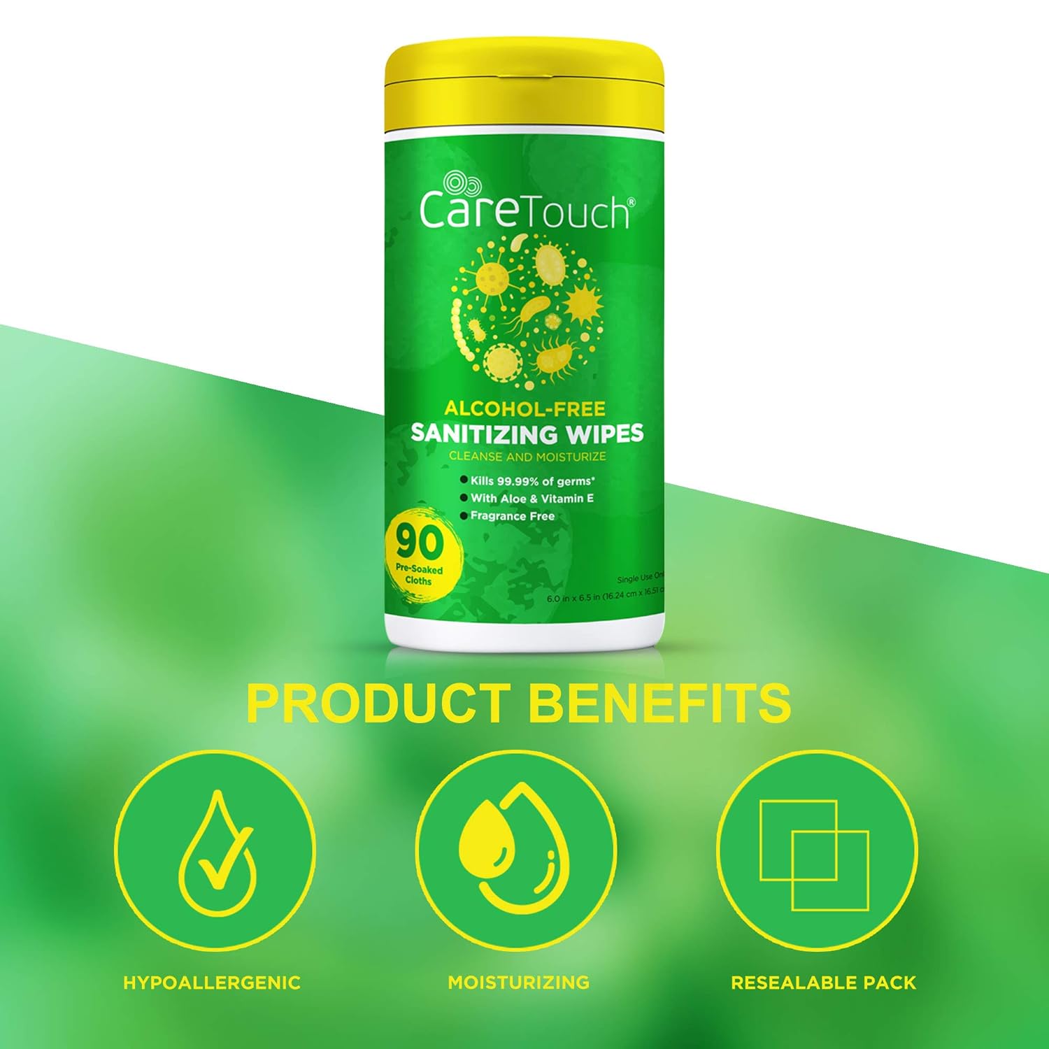 Care Touch - CTAFWC90US-VC Alcohol-Free Hand Sanitizing Wipes - 1 Canister | 90 Antibacterial Wipes with Vitamin E + Aloe Vera | Made in The USA: Industrial & Scientific