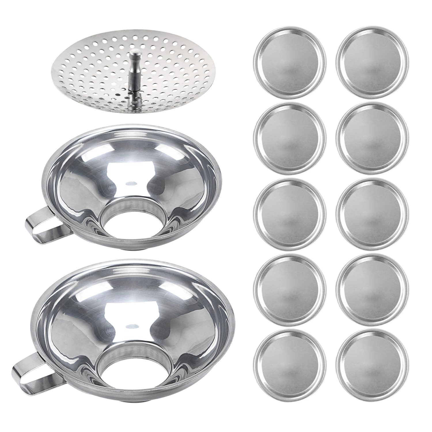 Stainless Steel Funnel Set with 10 Lids and 1 Strainer, Multipurpose Kitchen Household Funnel for Canning, Jam Making and More, Stainless Steel Funnel Set for Jars.