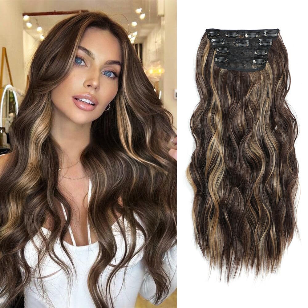 Hair Extensions Clip in 4pcs Light Brown with Golden Highlights Hair Extension Long Wavy Full Head Clip in Hair Extension Synthetic Fiber Hair Pieces for Women — image 1