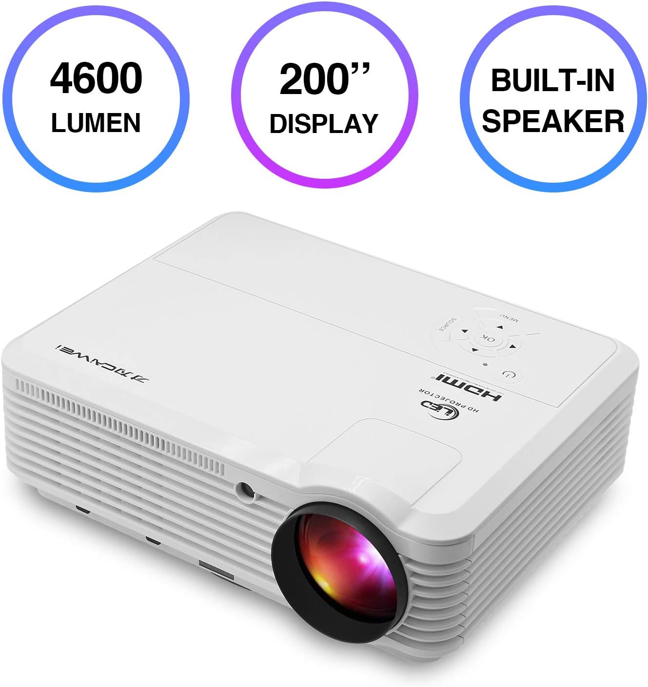 Movie Projector with HDMI USB Inputs Zoom Function, 4600 lumen,200'' Widescreen 1280x800 WXGA LCD Rear Ceiling Projector for Home Theater Netflix YouTube Video TV DVD PS4 Gaming Outdoor Entertainment