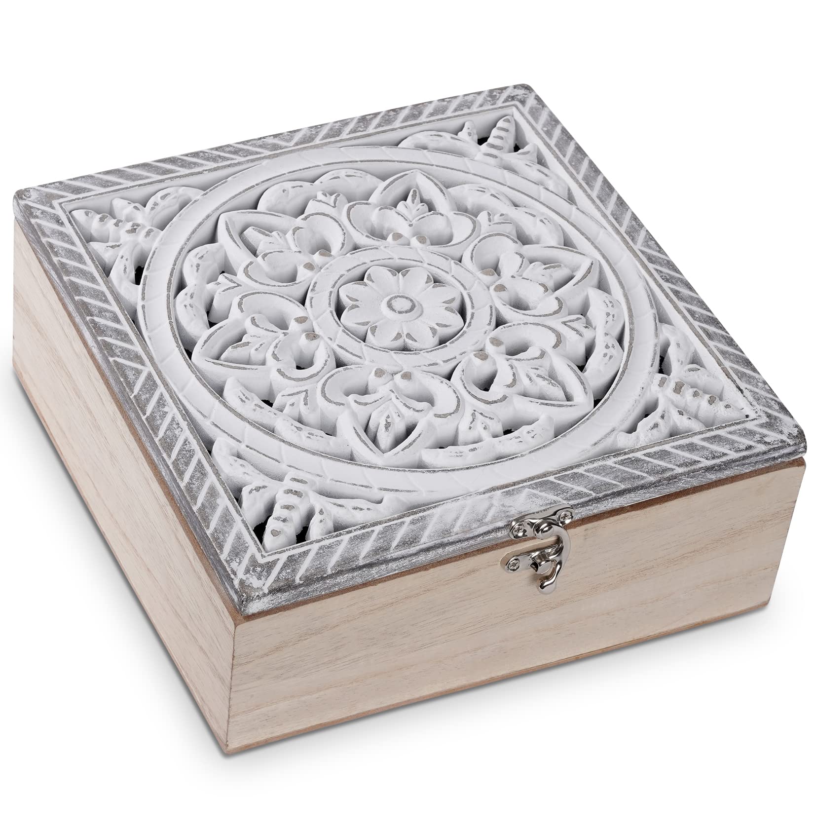 QILICZ Tea Box, Wood Tea Bag Holder, Rustic Tea Caddy Chest,Tea Bag Organiser Tea Storage Box with Unique Floral 9 Compartments for Home Tea House