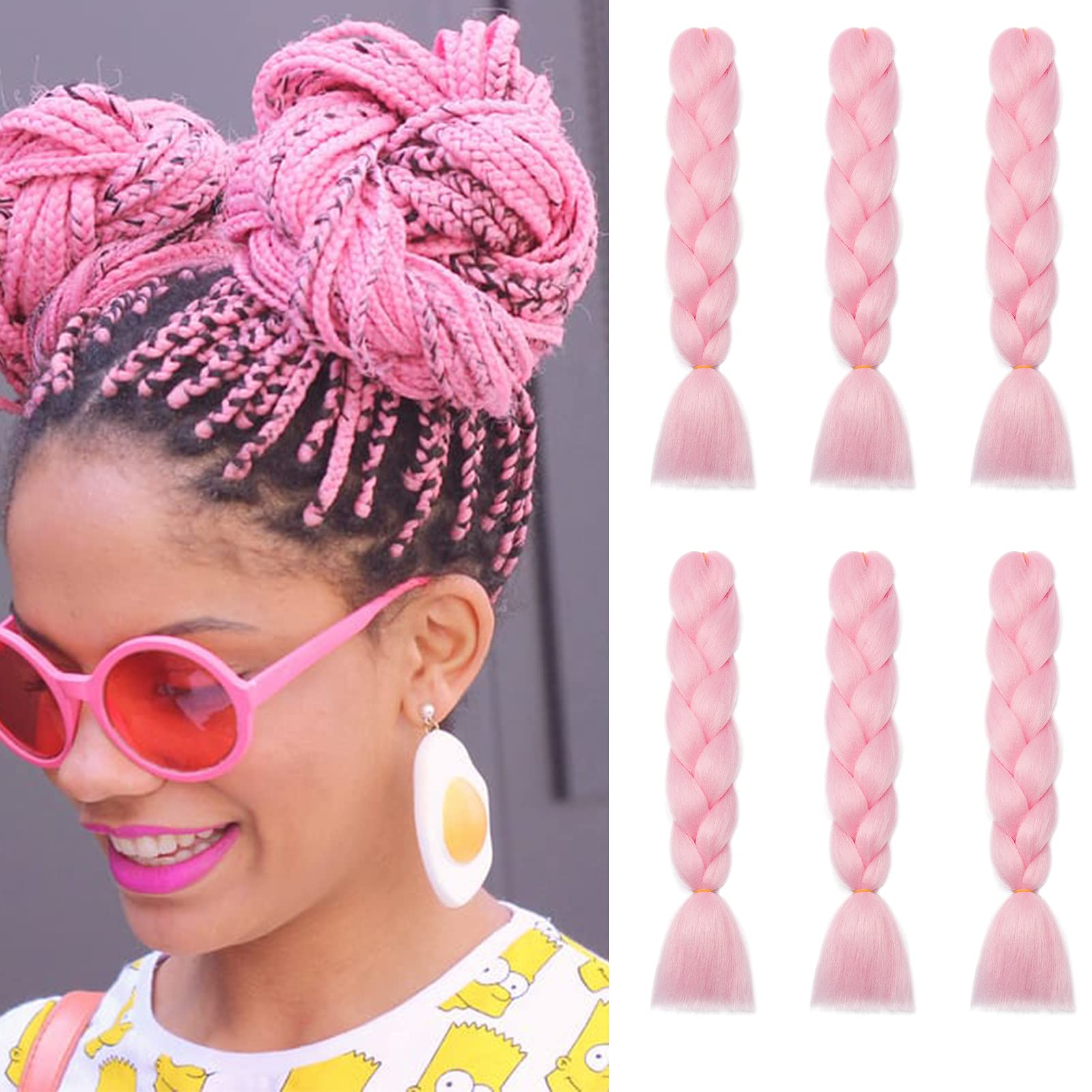 Cybelleza 6 Pcs /600g 24" Braiding Hair Extensions Jumbo Braids Synthetic Crochet Hair Afro Box Braid Heat Resistent (Pink) โ image 1
