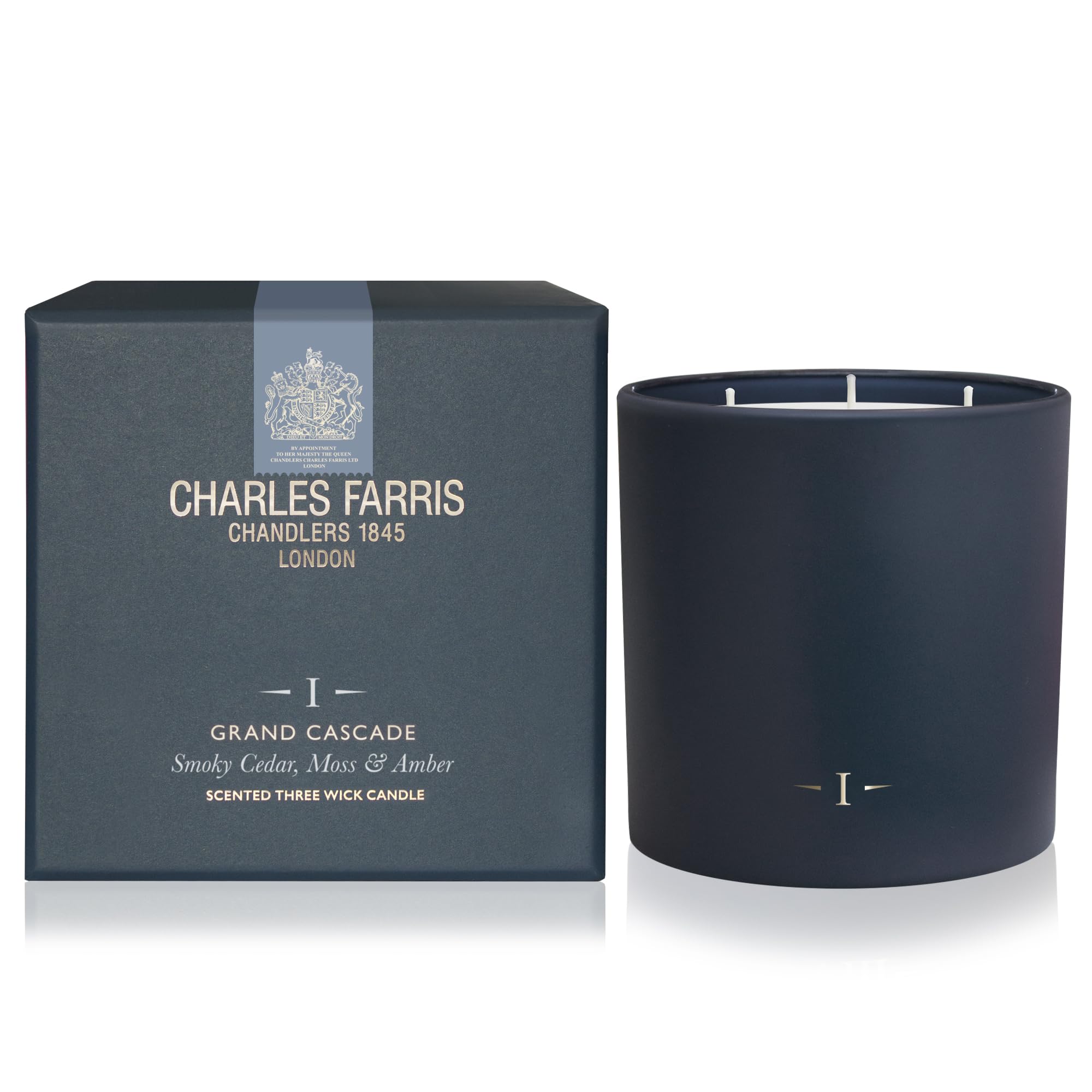 Charles Farris Luxury 3-Wick Scented Candle - Hand-Poured in UK - 80+ Hours Burn Time - Smoky Cedar, Moss & Amber