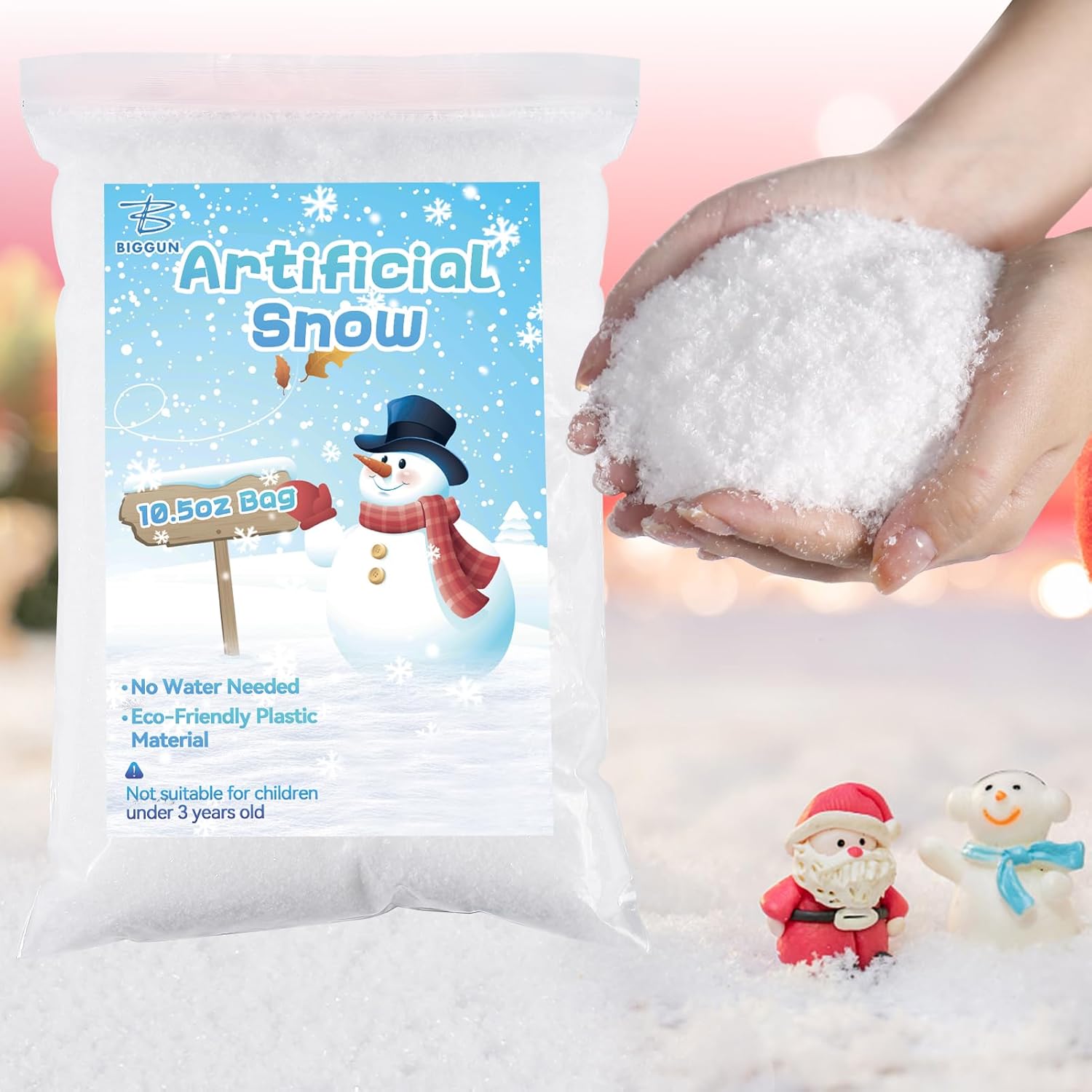 Artificial Snow - Biggun 10.5 Oz Fake Snow Decoration, Artificial Instant Snow Powder for Christmas Tree Village Craft, Lifelike Dry Faux Snow for Winter Displays Holiday Decor (Fire-Resistant & Eco-Friendly)