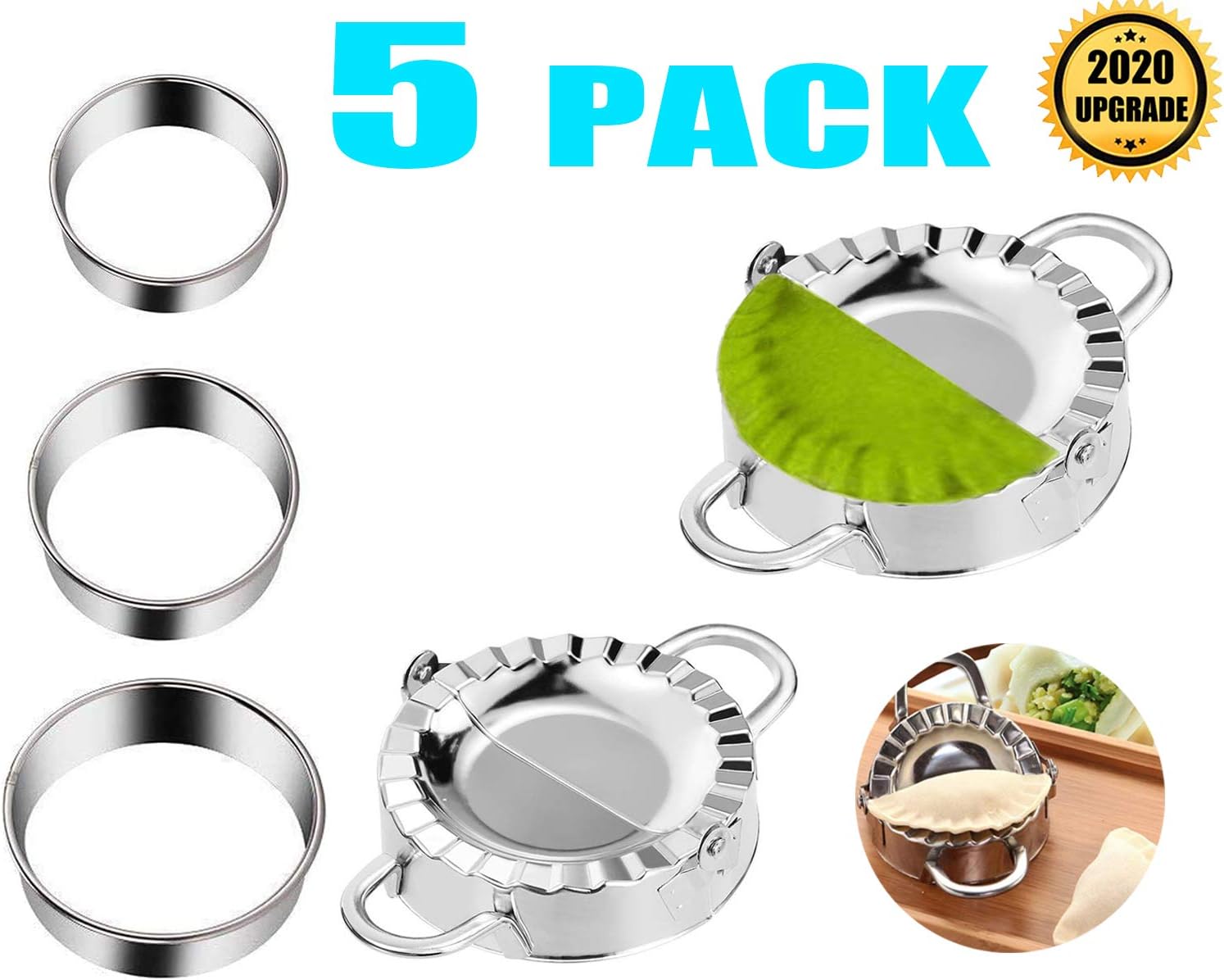 FKYTION Dumplings Maker 5 Pack 304 Stainless Steel 2 Dumpling Molds and 3 Dumpling Skin Maker for Empanadas, Calzone, Ravioli and Pierogi Making Tools Kitchen Accessories
