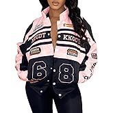 KANSOON Varsity Jacket Women Motorcycle Racer Detachable Letter Graphic Jackets Vintage Color Block Baseball Coat