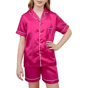 IHU Girls Pajamas Silk Satin PJs Boys Button Down Short Sleeve Shorts Set | With Notch Collar, Chest Pocket and Elastic Waist