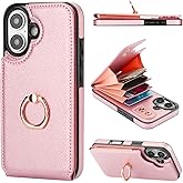 Folosu Compatible with iPhone 16 Case Wallet with Card Holder, 360°Rotation Finger Ring Holder Kickstand, RFID Blocking Leather Protective Double Buttons Shockproof Cover 6.1 Inch Rose Gold