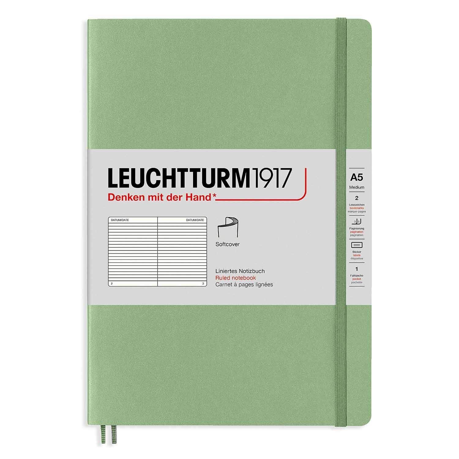 LEUCHTTURM1917 361590 Notebook Medium (A5), Softcover, 123 Numbered Pages, Sage, Ruled