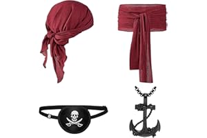 Changchupsem Medieval Renaissance Pirate Bandana and Large Sash Belt, Pirate Headband Waist Belt with Eye Patch&Necklace.