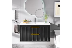 Buytime 30" Bathroom Vanity with Sink, Floating Vanity Bathroom Sink Cabinet Wall Mount, Soft-Close Function 2 Large Drawers, Grooved Stripe Design, Hidden Damping Drawers, Black