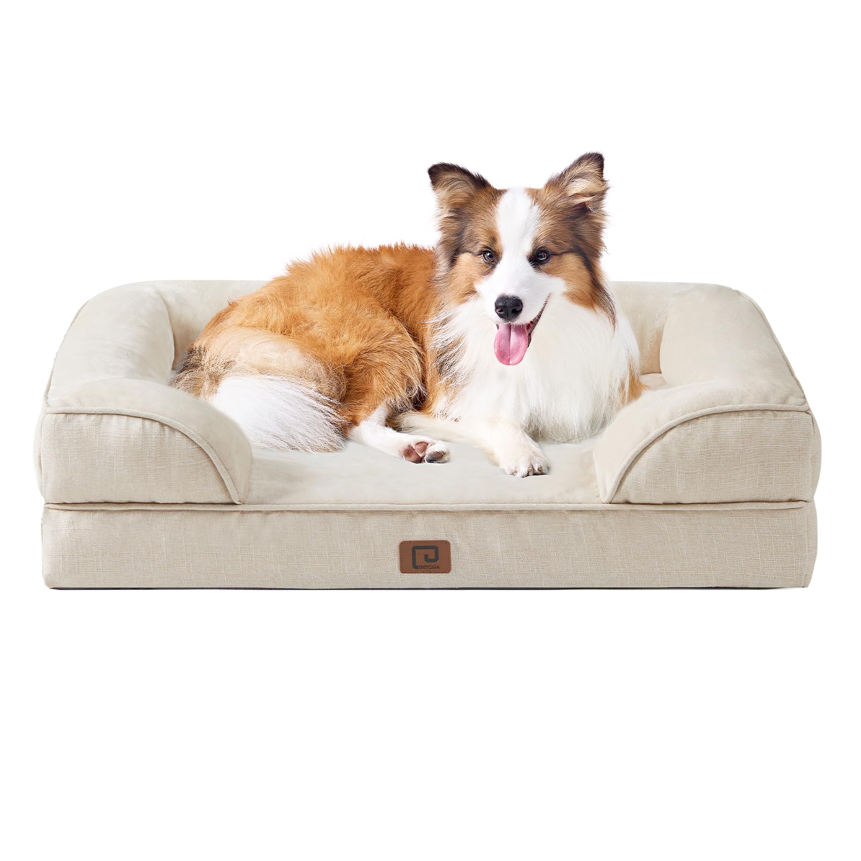 Photo 1 of EHEYCIGA Orthopedic Dog Beds for Large Dogs, Waterproof Memory Foam Large Dog Bed with Sides, Non-Slip Bottom and Egg-Crate Foam Large Dog Couch Bed with Washable Removable Cover, Beige