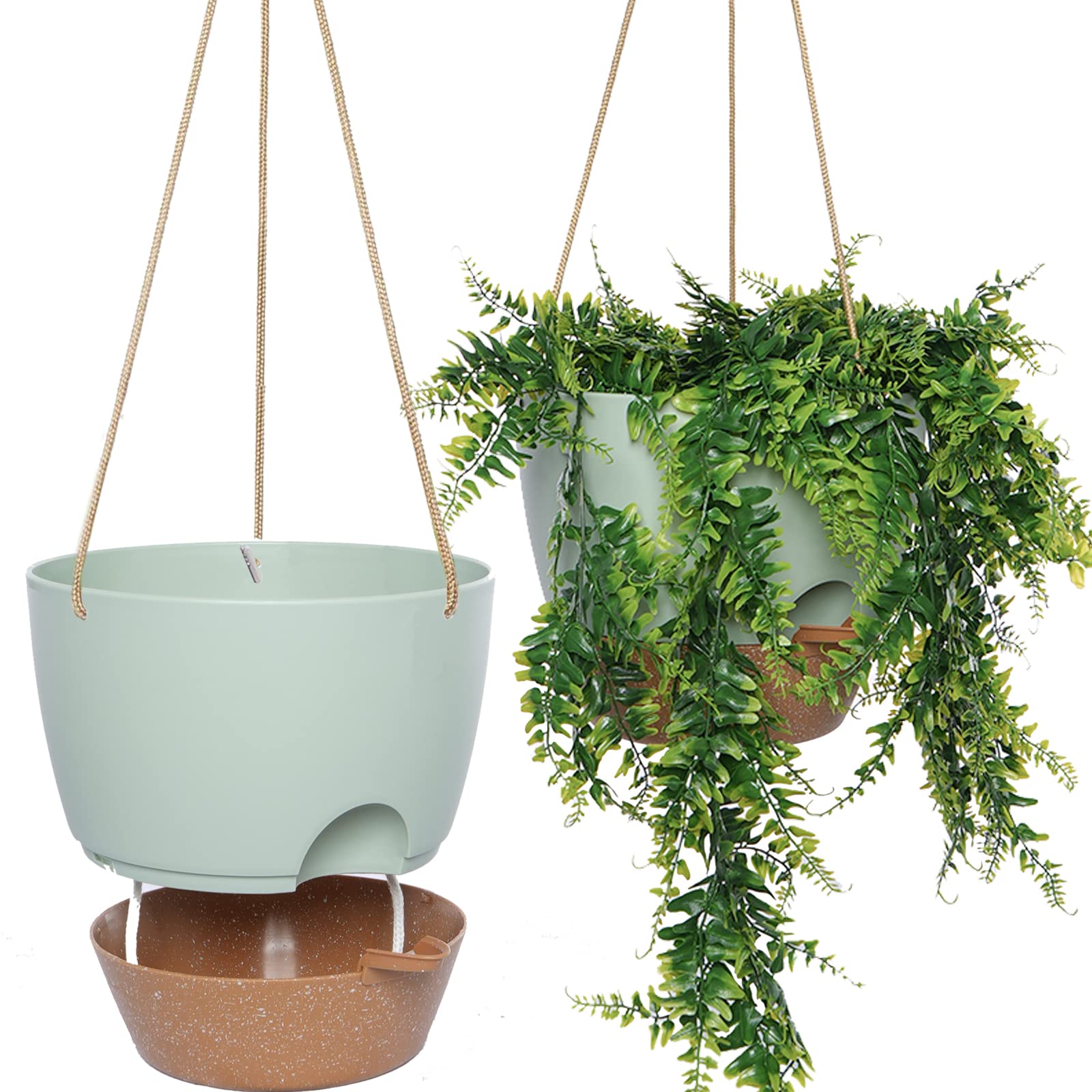 Photo 1 of 10 Inch Self Watering Hanging Pots, 2 Pack Hanging Planters with 40oZ Deep Reservior for Indoor Outdoor Plants Flowers, Green with Brown