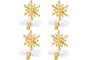 DOYOLLA Snowflake Christmas Stocking Holders Set of 4 Gold, Xmas Stocking Holders for Mantle, Mantel Fireplace Topper Stand Hooks, Stockings Hangers