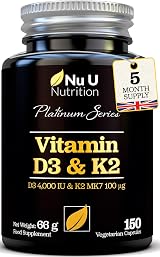 Nu U Nutrition Vitamin D3 4000 IU and K2 MK7 100µg 150 Capsules UK Made view 1