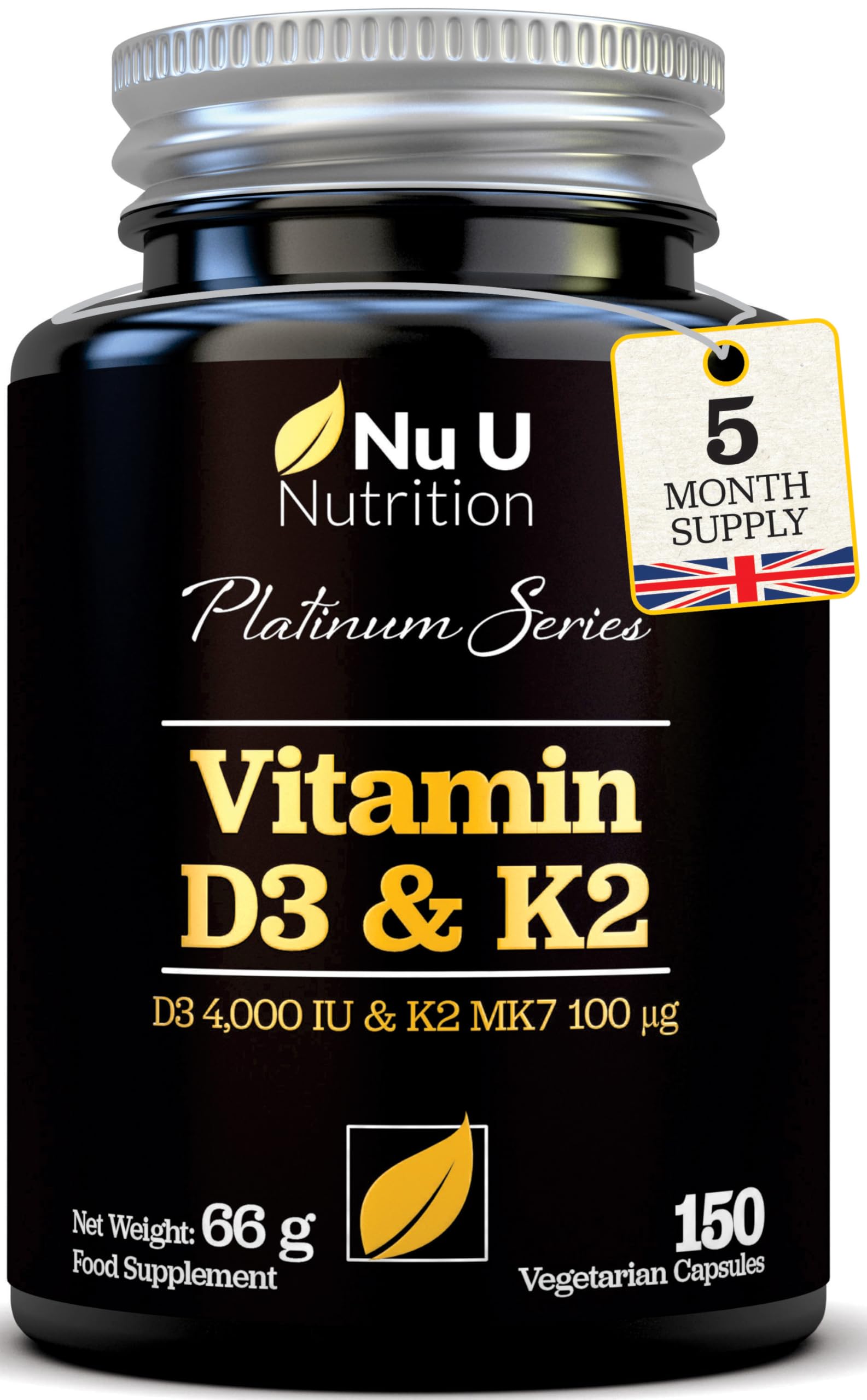 Nu U Nutrition - Vitamin D3 4000 IU and Vitamin K2 MK7 100μg - 150 Vegetarian Capsules - 5 Month Supply - High Strength Vitamin D K2 Supplement - Made in the UK