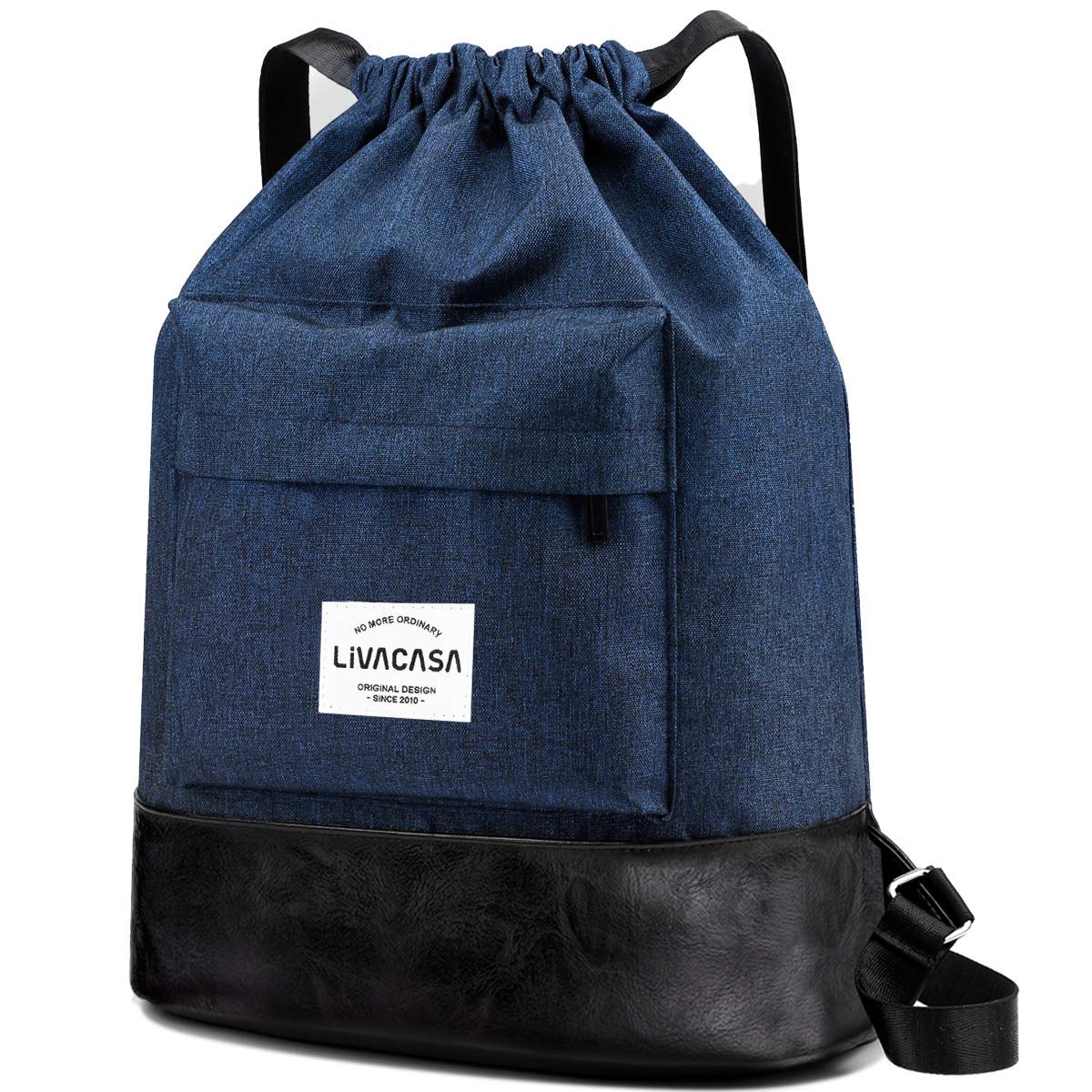 LIVACASA Gym Sack Large Drawstring Bag Adjustable Wide Strapes and Back Zipper Pocket Large Capacity 12.5L Sports Travel Bag Water Repellency with Inside Pockets Backpack for Men Women Blue 18x13x6In