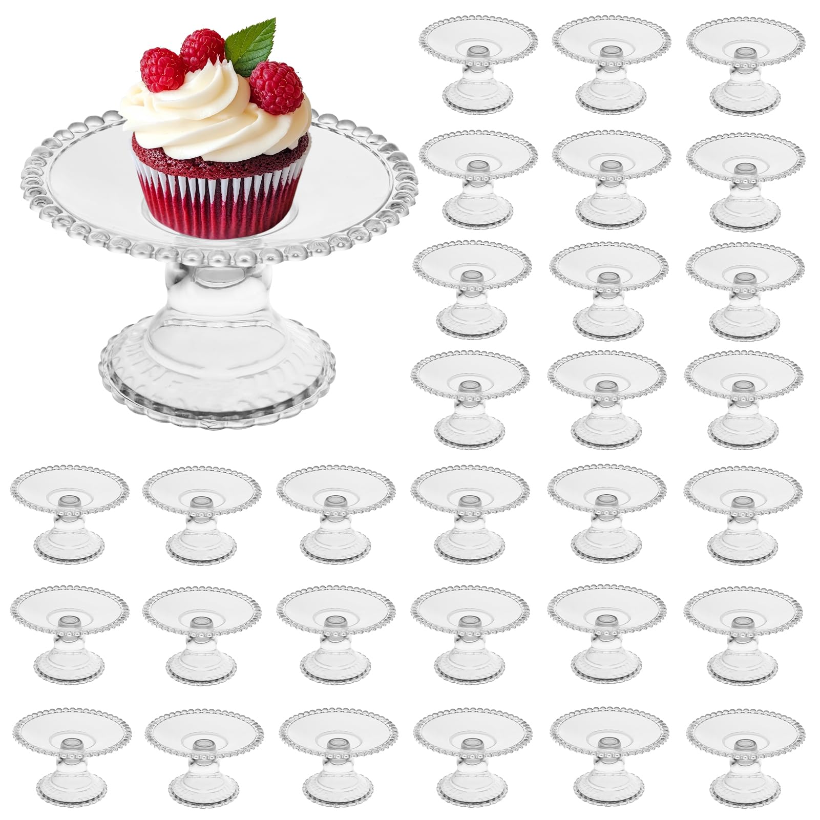 Photo 1 of 30 Pcs Mini Cake Plate Stand Plastic Mini Cake Stand for Chocolate Cupcake Single Cupcake Holder Serving Plate Clear Small Dessert Display Stand Tray for Birthday Wedding Holiday Party Supplies