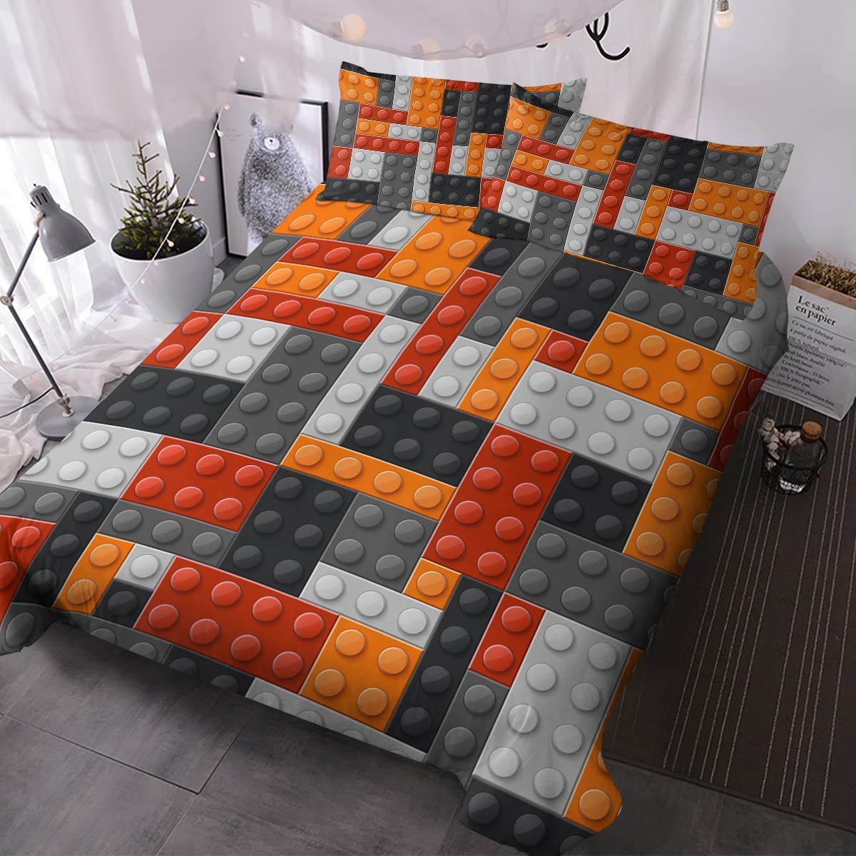 BlessLiving Boys Single Size Bedding Set Colorful Toy Duvet Cover Set 3 Piece Plastic Construction Blocks Pattern Comforter Cover Set Black Grey Orange for Teens Kids Boys Girls (Single)