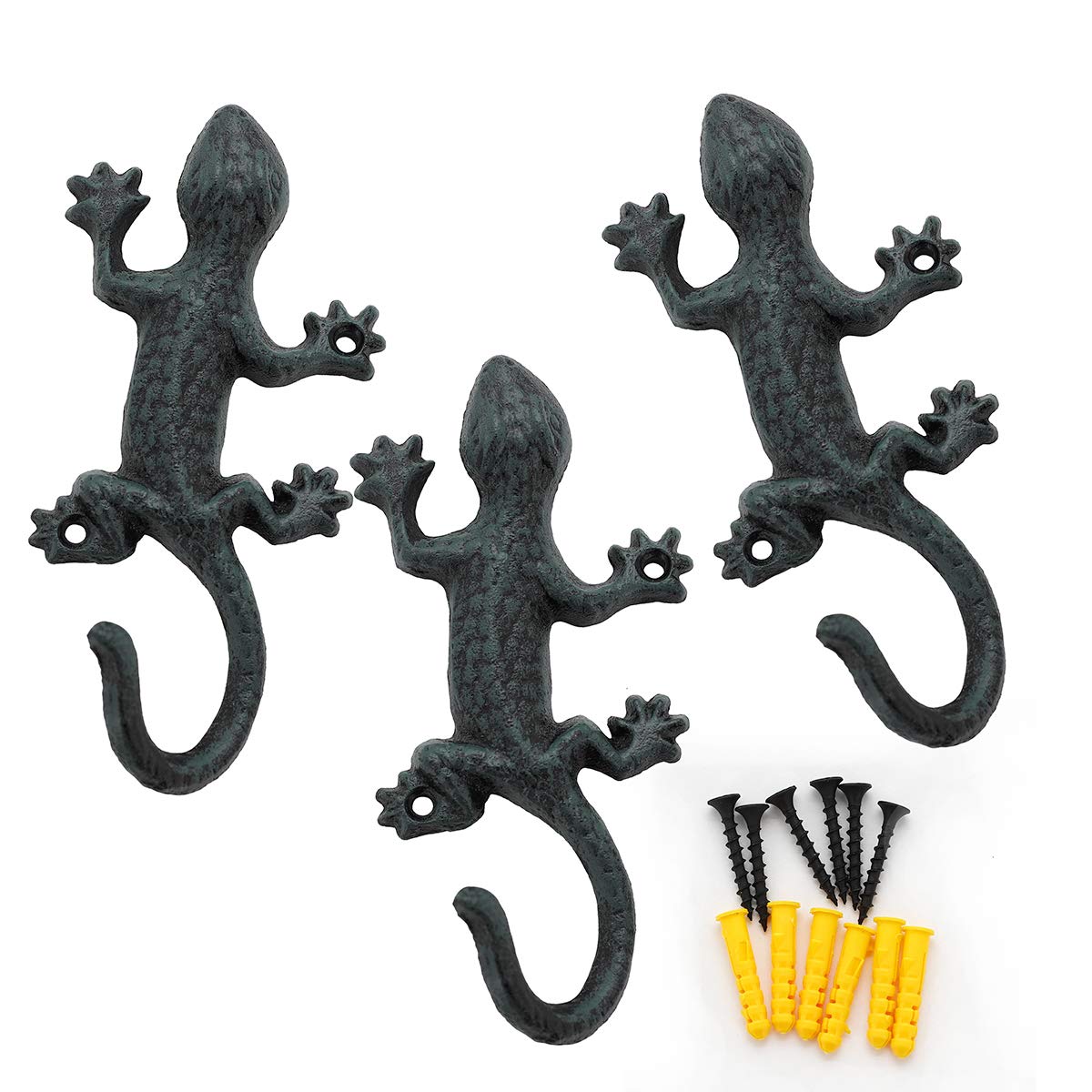 ChasBete Gecko Coat Hooks for Wall, Rustic Cast Iron Key Holder Wall Mounted Hooks, Heavy Duty Door Hook for Decor, Set of 3