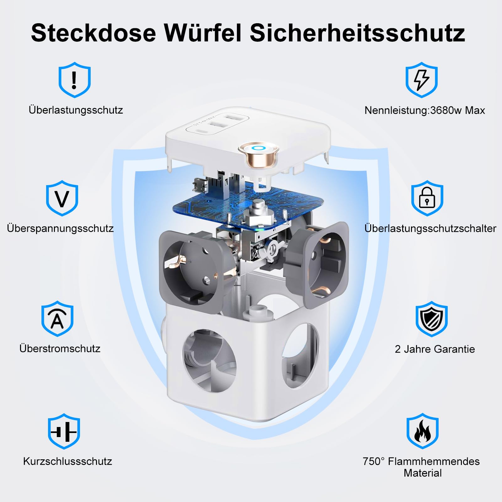 Steckdosenwürfel USB C Mehrfachsteckdose Steckdosenleiste 3-Fach Steckerleiste Überspannungsschutz Steckdose Mehrfachstecker Cube Würfel Steckdosen mit Schalter für Büro Hause 1.5M Kabel, Weiß 3