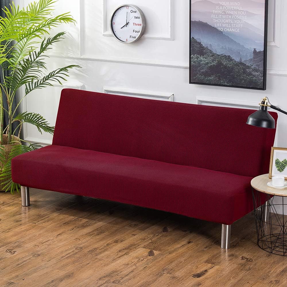 RMCKJ Sofa Bed Covers Sofa Slipcover Armless 3 Seater Solid Colour Modern Stretch Polyester Spandex Slipcover Protector Folding Couch Sofa,Red-S