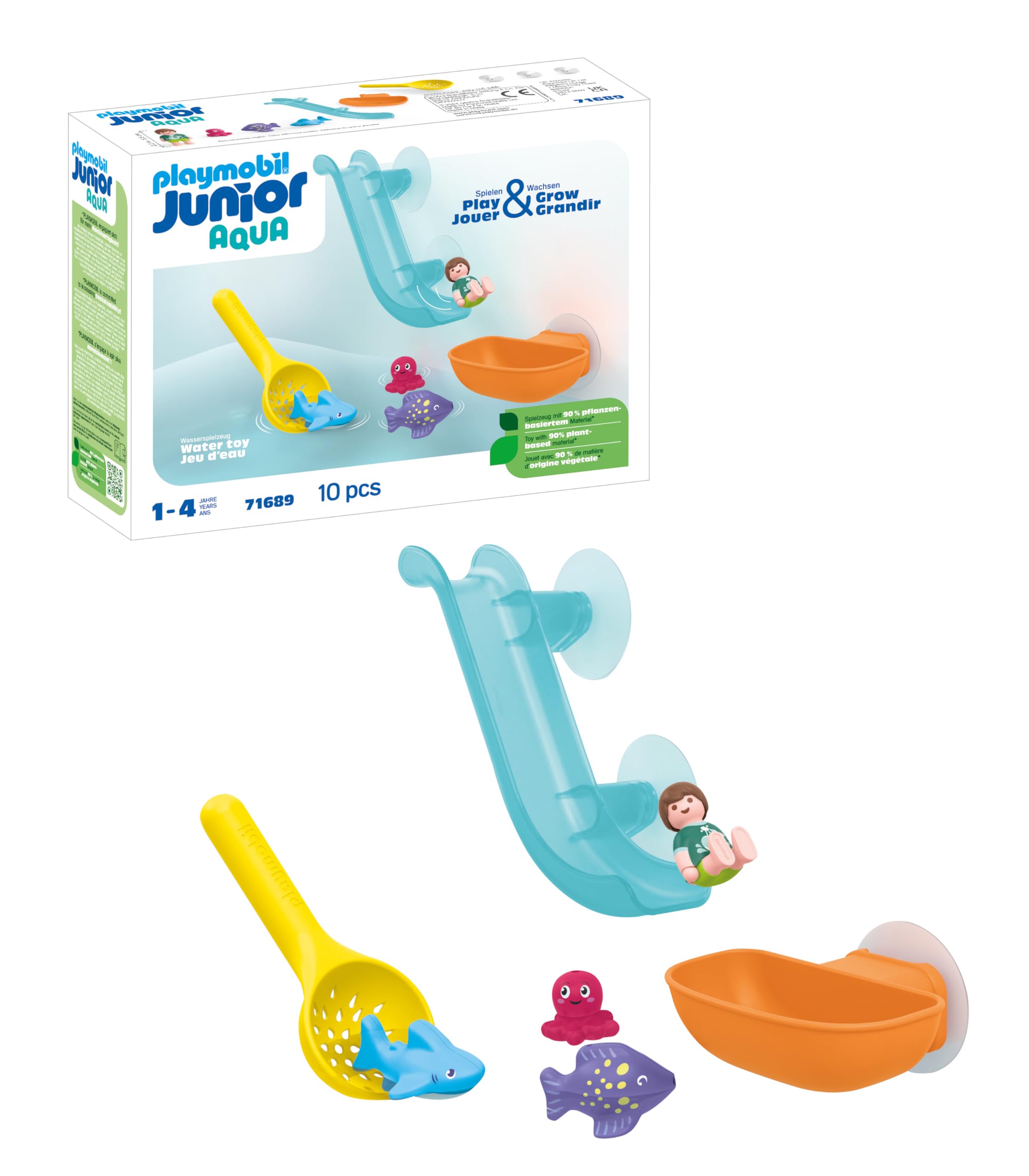 Playmobil 71689 JUNIOR AQUA: Water Slide with Sea Animals, including Baby Shark, Fish and Baby Octopus, sustainable toy made from plant-based plastics, play sets suitable for children ages 1+