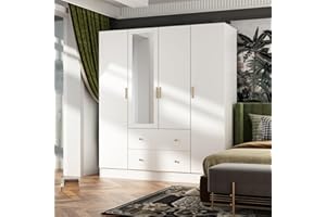 Hitow 4 Door Wardrobe Armoire Closet with Mirror Door, 63" W Wooden Wardrobe Cabinet with 2 Drawers & Hanging Rod, Bedroom Armoire Dresser Wardrobe Clothes Organizer, A White
