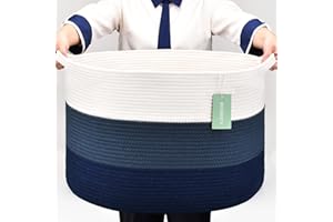 BOSROTY Extra Large Blanket Basket 87L, Laundry Hamper, Baby Nursery Hamper for Storage Toys Clothes Towels, Large Cotton Rope Laundry Basket for Girls Boys, 22”x 14”, White & Cadet Blue & Navy Blue