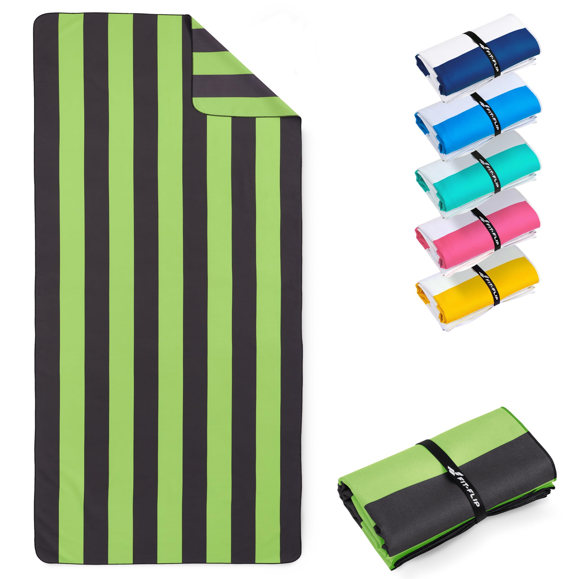Fit-Flip Beach towel microfibre - large quick dry towels - for travel and swimming - lightweight, compact and super absorbent - sand free, 100% recycled - Darkgrey-Green stripes 200x90cm