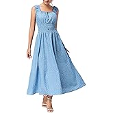 DREFBUFY Women's Maxi Dress Sleeveless Denim Long Summer A-line Casual Blue Cotton Boho Flowy Sundresses for Women