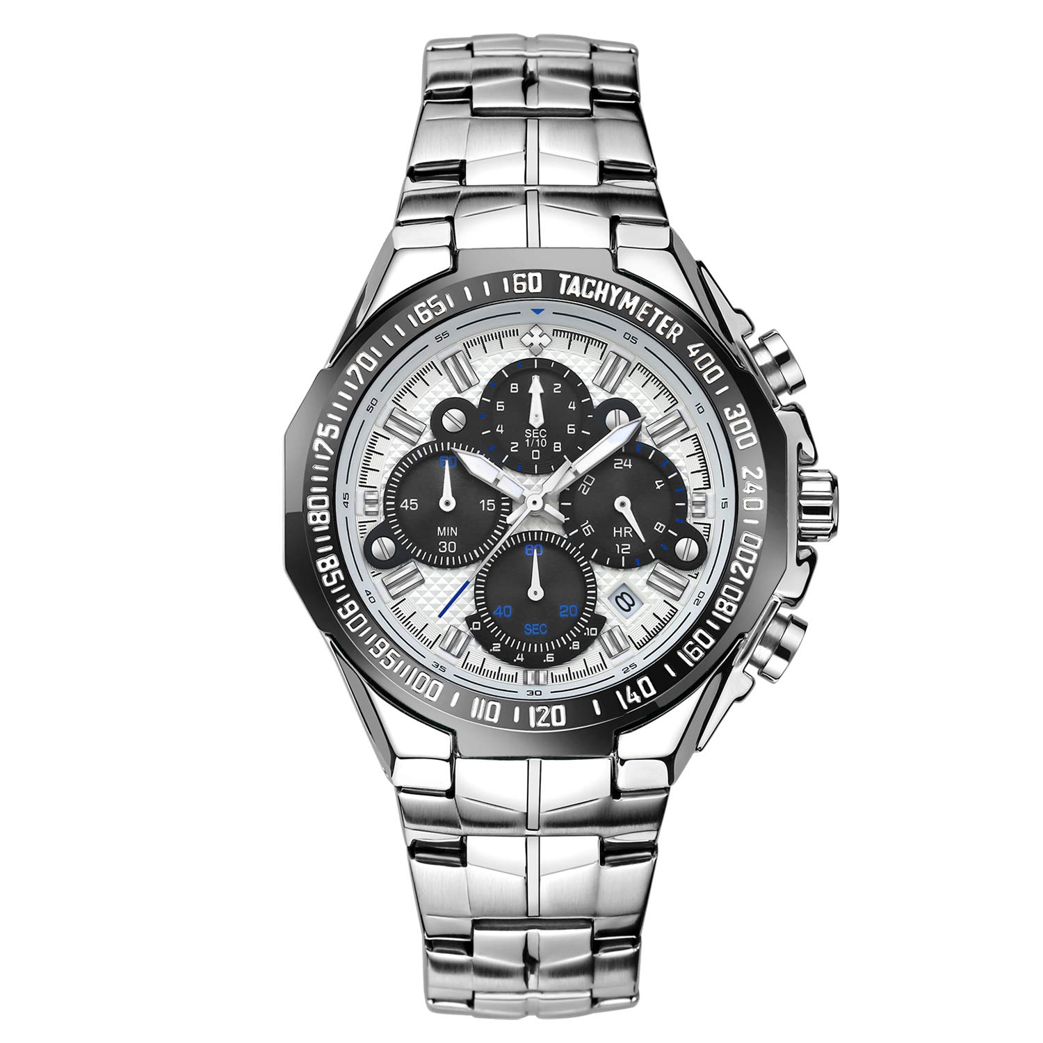 RORIOS Men's Quartz Analogue Watch Luminous Chronograph Watches with Calendar Stainless Steel Strap Classic Dial Men's Watch, Black/White, Bracelet