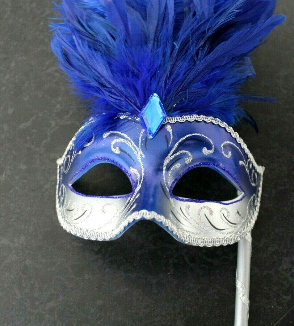 LADIES BLUE & SILVER VENETIAN MASQUERADE HALLOWEEN CARNIVAL PARTY EYE BALL LONG FEATHER MASK ON A STICK, Blue Silver, 8cm Deep - Image 4