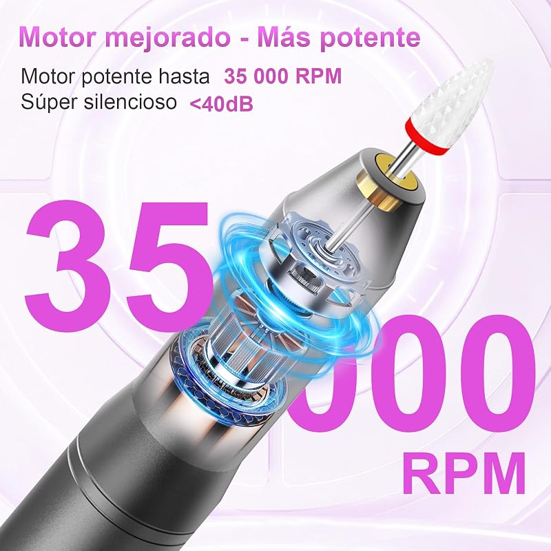Torno para Uñas Profesional 35000 RPM USB, Set de Manicura 12 en 1