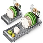 TOOLF Small Dish Drying Rack, Expandable and Space-Saving, Gray | Mini Dish racks for kitchen counter, Compact Design Fits Sink or Counter, Stainless Steel Plate Rack, 11"-19.3"L&times;7.7"W&times;3.54"H