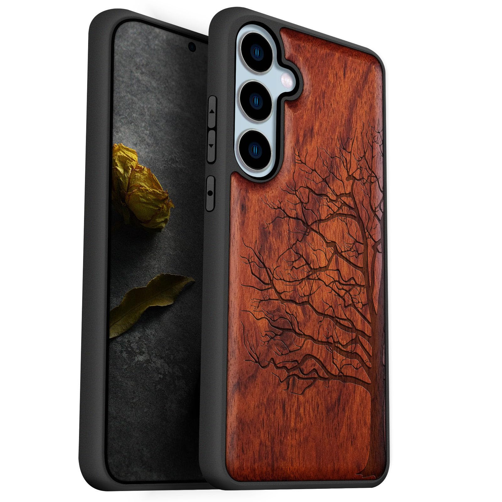 Carveit Wood Case for Galaxy S24 FE [Natural Wood & Black Soft TPU] Shockproof Protective Cover Unique Wooden Compatible With S24 FE (Eternal Tree-Red Wood)